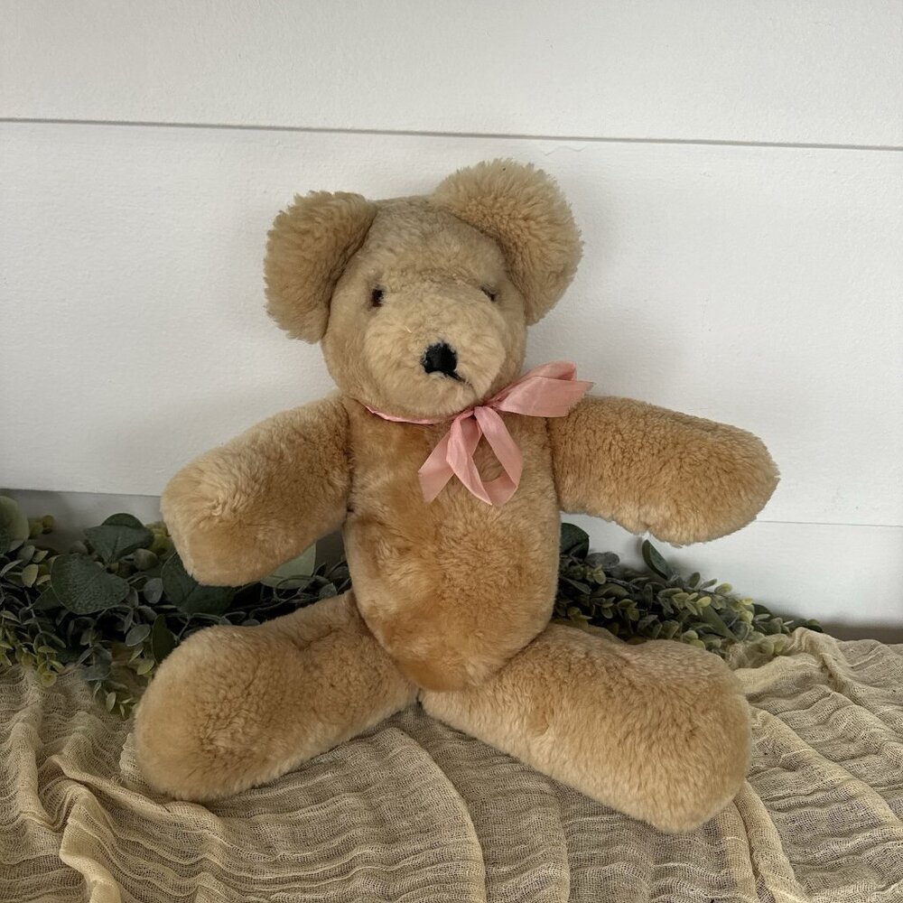 19” Vintage Petkin Jointed Teddy Bear‎ Growler England Leather Nose Blonde Soft
